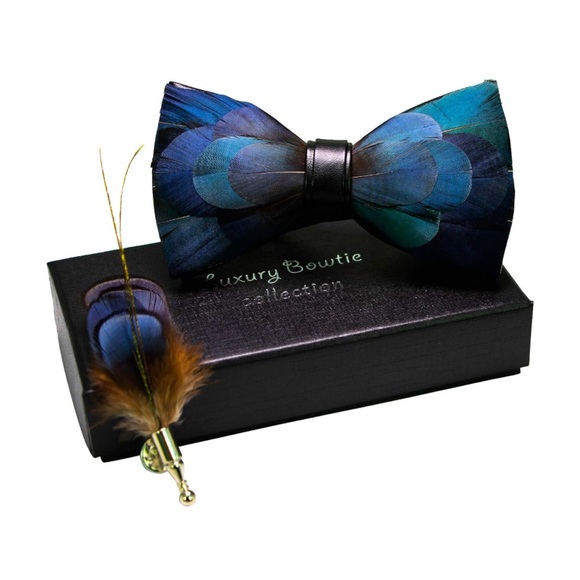 Men’s Handmade Feather Pre Tied Bow Tie and Matching Lapel Pin Set Gift Box Blue - Picture 2 of 3